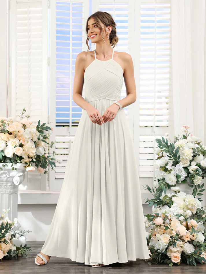 Chiffon Halter Neck Ruched Bodice A-Line Floor-Length Elegant Bridesmaid Dress