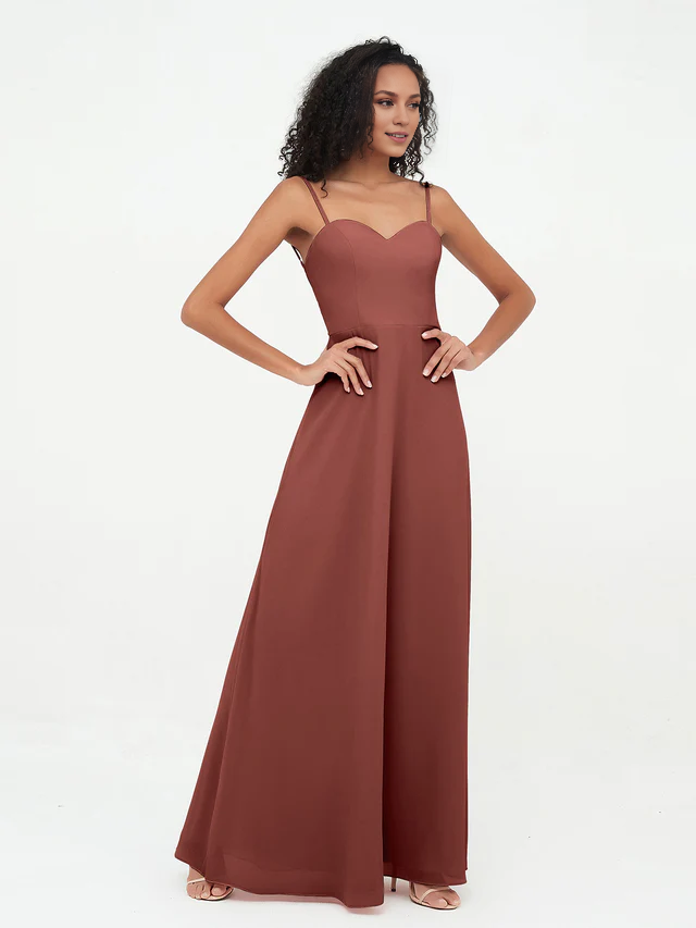 Chiffon Spaghetti-Strap Ruched Bodice Wide-Leg Jumpsuit Floor-Length Bridesmaid Dresses