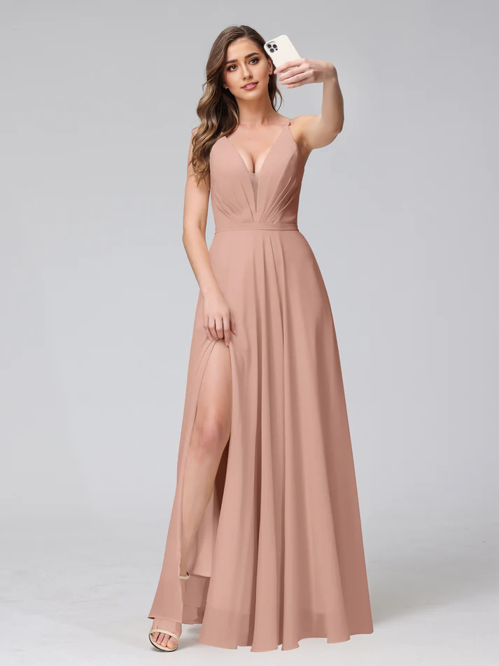 Chiffon Spaghetti-Strap V-Neck Ruched Bodice High-Slit A-Line Floor-Length Romantic Bridesmaid Dress