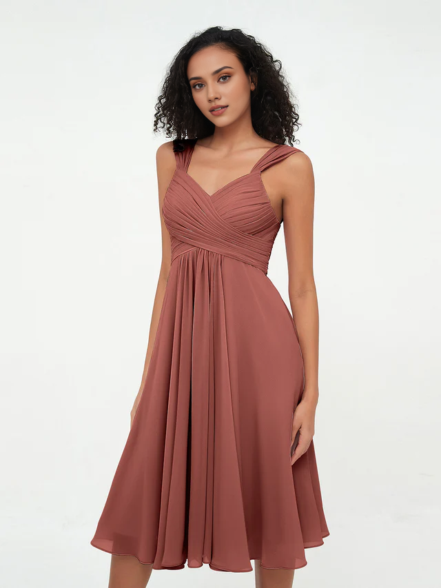 Chiffon Spaghetti-Strap Sweetheart Neckline Ruched Bodice Tea-Length A-Line Bridesmaid Dresses