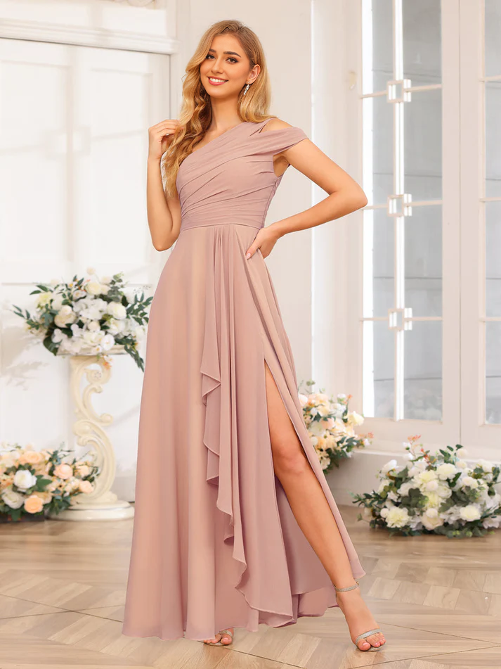 Chiffon One-Shoulder Short Sleeve Ruched Bodice Ruffled High-Slit A-Line Floor-Length Champagne Bridesmaid Dresses