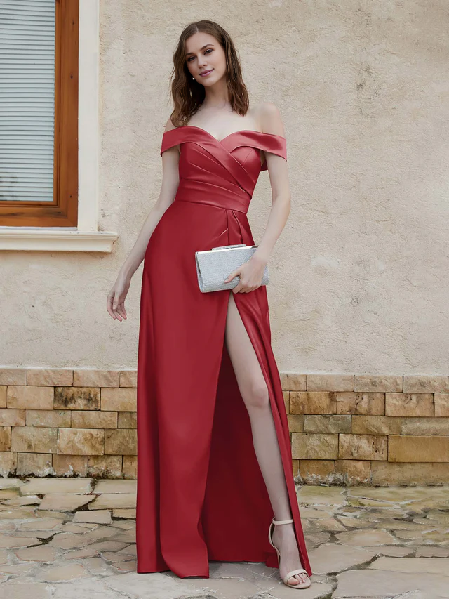Chiffon Off-Shoulder Sweetheart Neckline Ruched Bodice High-Slit A-Line Floor-Length Bridesmaid Dresses