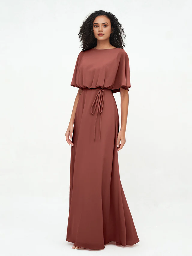 Chiffon Short-Sleeve Boat Neck Tie-Waist A-Line Floor-Length Bridesmaid Dresses