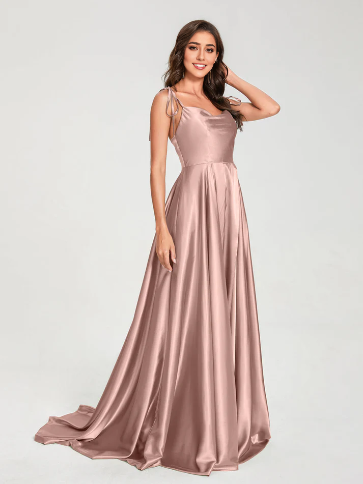 Satin Spaghetti-Strap V-Neck Ruched Bodice Train A-Line Floor-Length Luxe Bridesmaid Dress