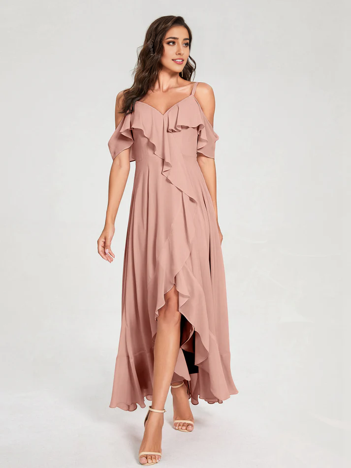 Chiffon Cold-Shoulder Spaghetti-Strap High-Slit Asymmetrical Floor-Length Stylish Bridesmaid Dress