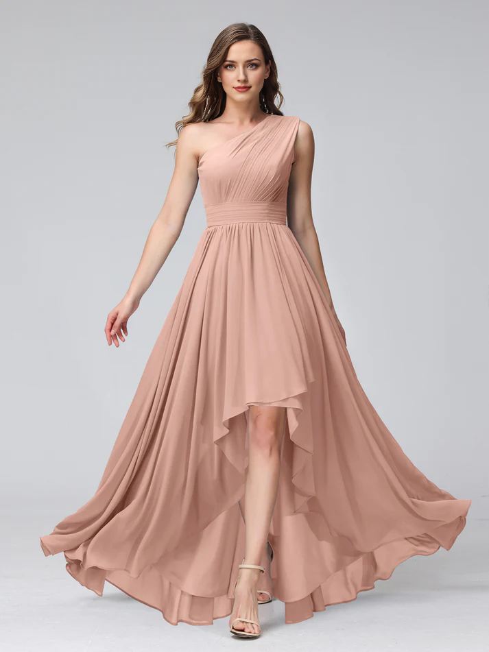 Chiffon One-Shoulder Ruched Bodice Asymmetrical High-Low A-Line Floor-Length Dusty Blue Bridesmaid Dresses