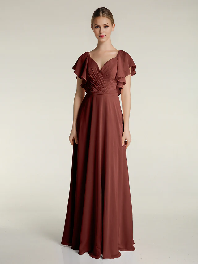 Chiffon Flutter-Sleeve V-Neck Ruched Bodice A-Line Floor-Length Bridesmaid Dresses