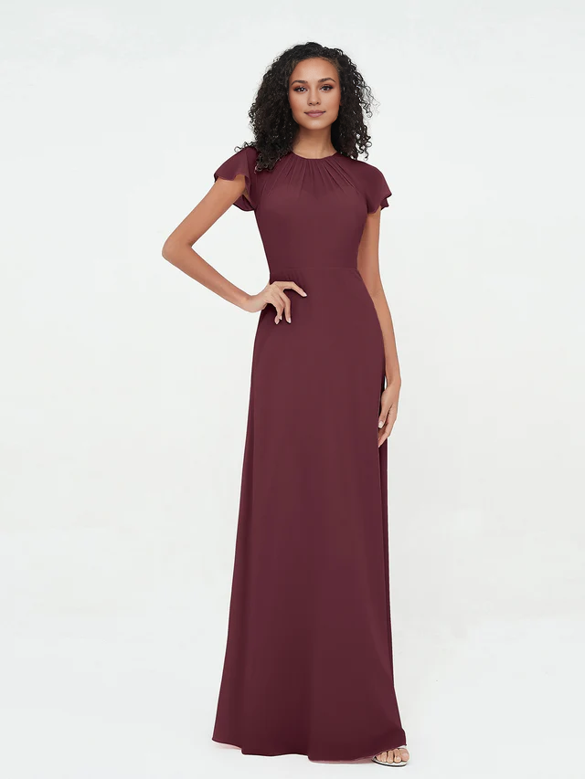 Chiffon Short-Sleeve Round Neck Ruched Bodice A-Line Floor-Length Bridesmaid Dresses