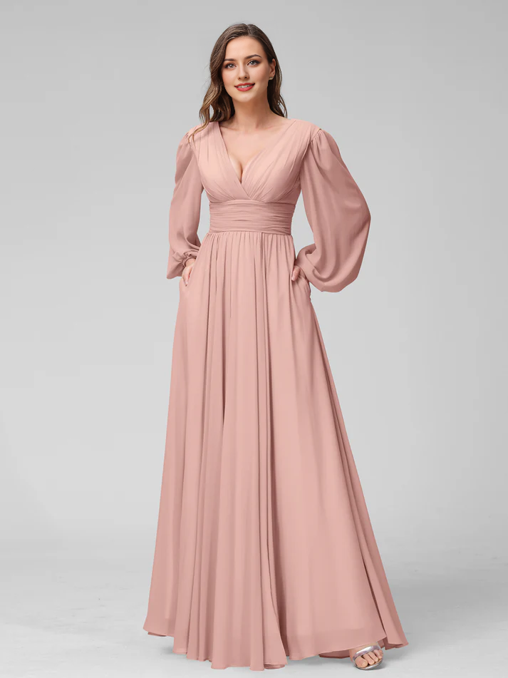 Chiffon Long-Sleeve Deep V-Neck Ruched Bodice High-Slit A-Line Floor-Length Bridesmaid Dresses