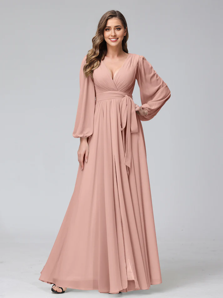 Chiffon Long-Sleeve Deep V-Neck Self-Tie Waist A-Line Floor-Length Soft Mint Bridesmaid Dresses