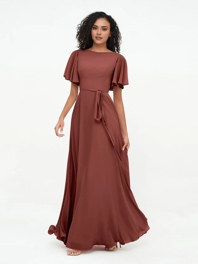 Chiffon Short-Sleeve Boat Neck Tie-Waist A-Line Floor-Length Bridesmaid Dresses