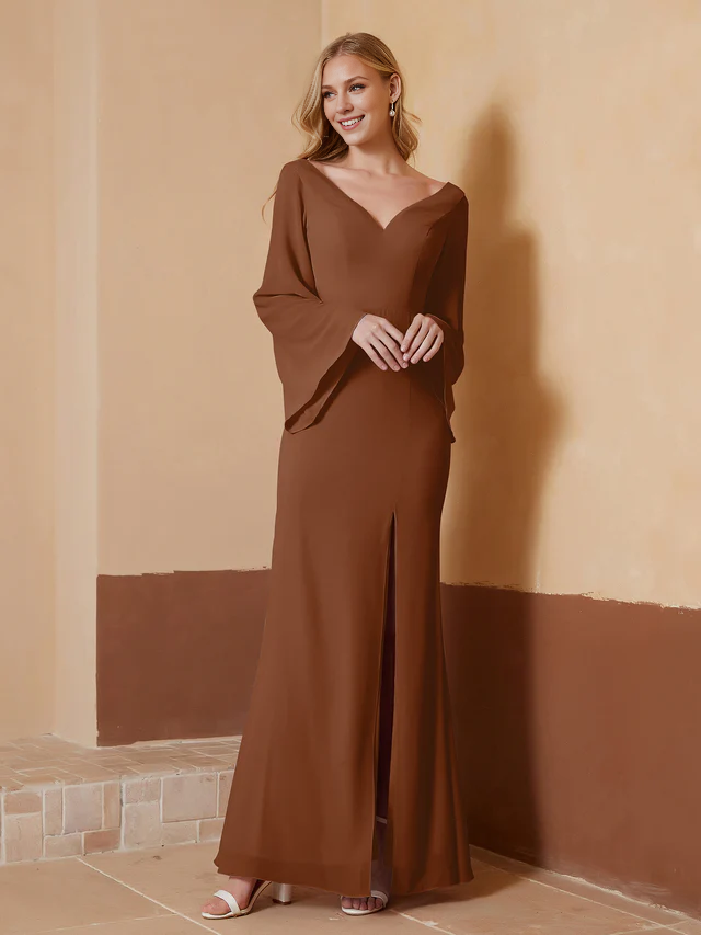 Chiffon Bell-Sleeve Deep V-Neck Ruched Bodice Sheath Floor-Length Bridesmaid Dresses