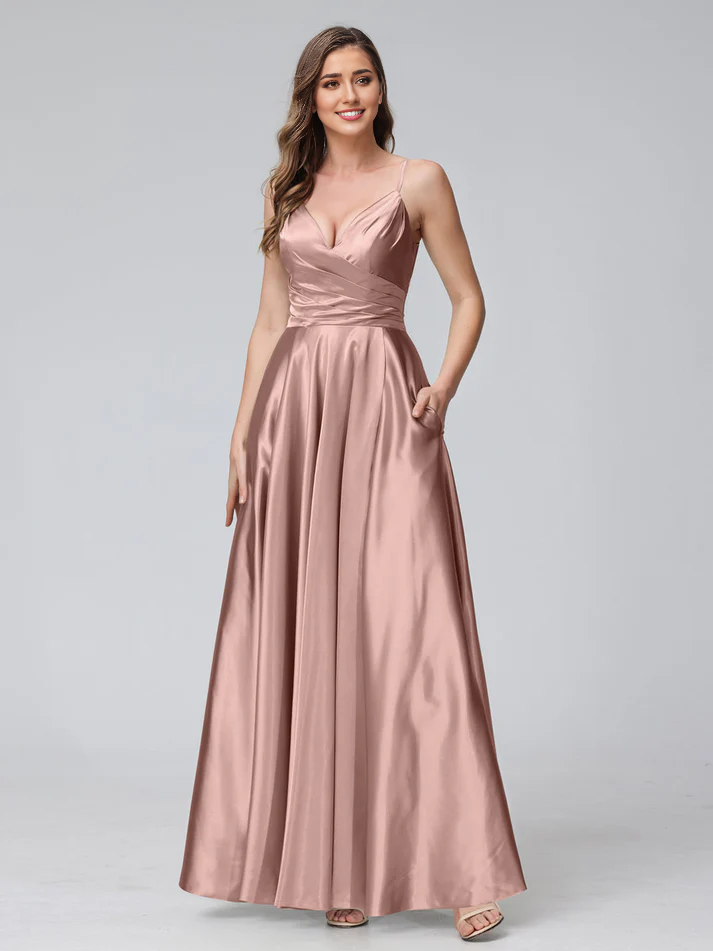 Satin Spaghetti-Strap Sweetheart Neckline Ruched Side A-Line Floor-Length Elegant Bridesmaid Dress