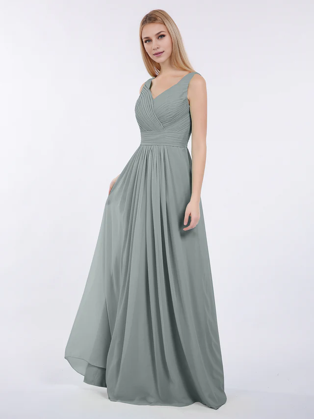 Chiffon Spaghetti-Strap V-Neck Ruched Bodice A-Line Floor-Length Bridesmaid Dresses