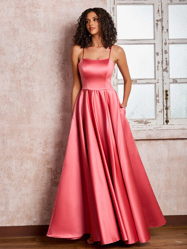 Satin Spaghetti-Strap Square Neck Back Bow Detail A-Line Floor-Length Bridesmaid Dresses
