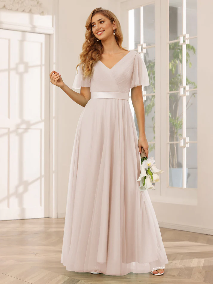 Chiffon Short-Sleeve V-Neck Belted Bodice A-Line Floor-Length Romantic Bridesmaid Dress