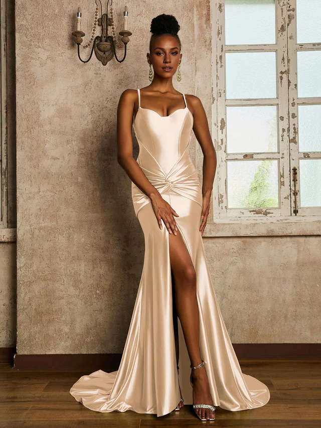 Satin Spaghetti-Strap Ruched Bodice High-Slit Sheath Train Floor-Length Bridesmaid Dresses