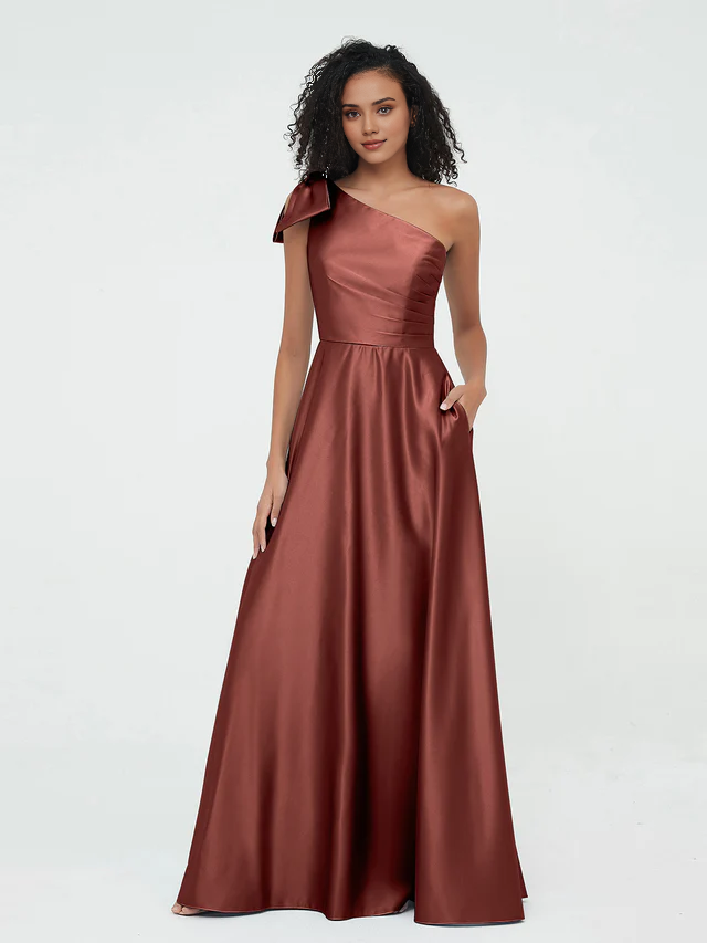 Elegant Satin A-Line One Shoulder Bow Back Maxi Bridesmaid Dress