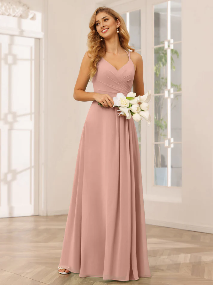 Chiffon Spaghetti-Strap Sweetheart Neckline Ruched Bodice A-Line Floor-Length Romantic Bridesmaid Dress