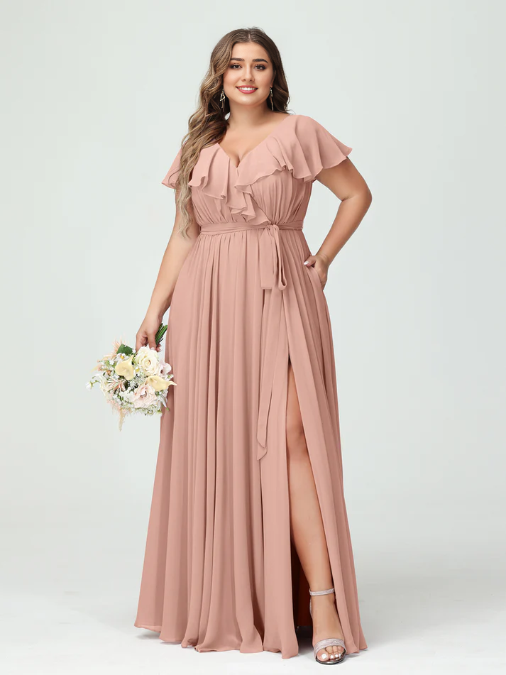 Chiffon Flutter-Sleeve V-Neck Pleated Bodice High-Slit A-Line Floor-Length Romantic Bridesmaid Dress