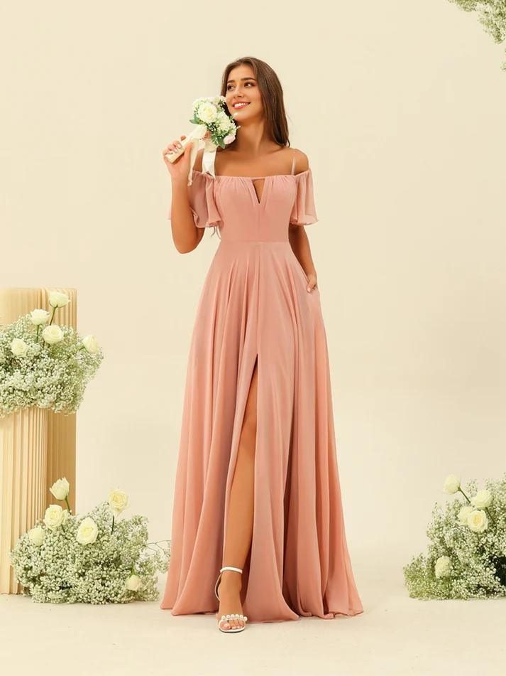 Chiffon Off-the-Shoulder Short-Sleeve Ruched Bodice High-Slit A-Line Floor-Length Romantic Bridesmaid Dress