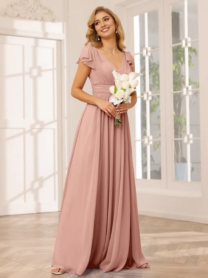 Chiffon Short-Sleeve V-Neck Ruched Bodice High-Slit A-Line Floor-Length Versatile Bridesmaid Dress