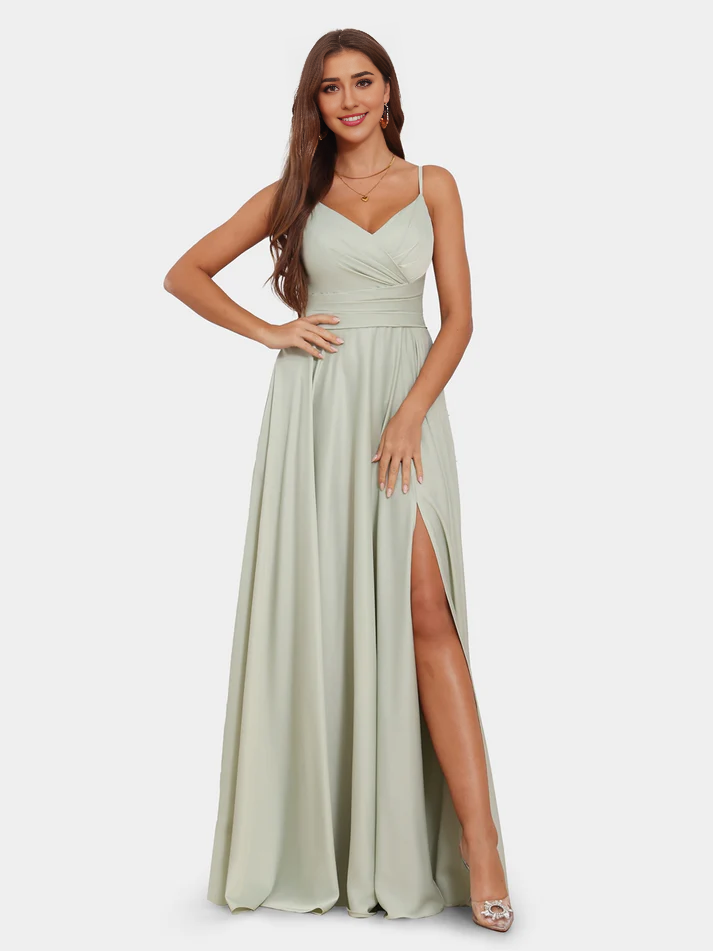 Satin Spaghetti-Strap Sweetheart Neckline Ruched Bodice High-Slit A-Line Floor-Length Chic Bridesmaid Dress