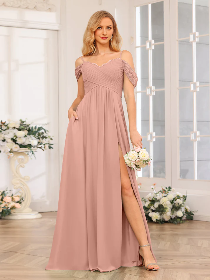 Chiffon Off-Shoulder Sweetheart Neckline Pocketed Bodice High-Slit A-Line Floor-Length Sage Green Bridesmaid Dresses