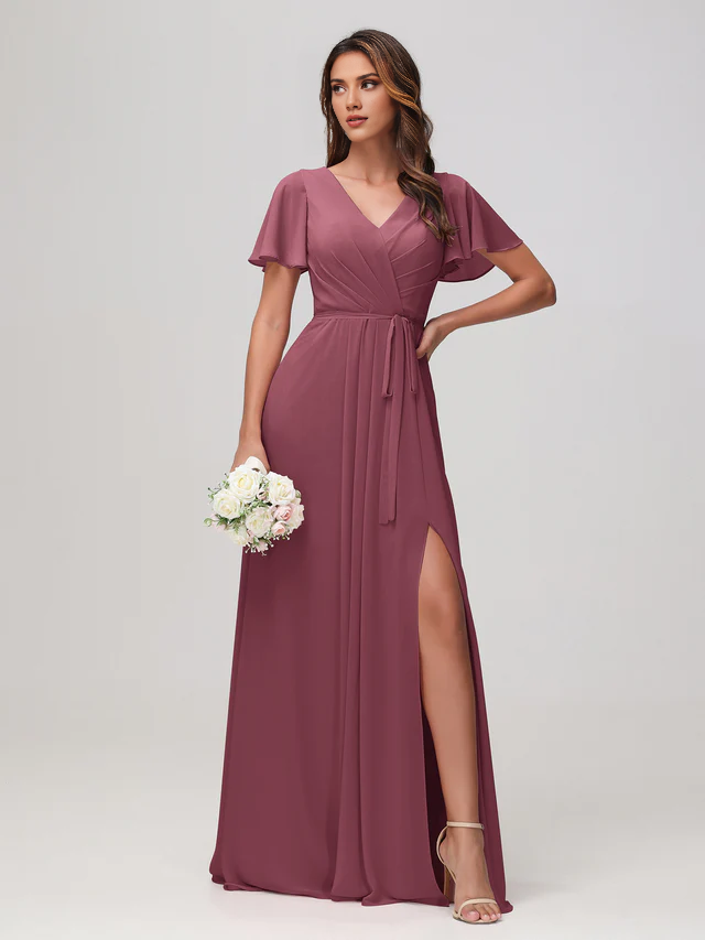 Chiffon Short-Sleeve V-Neck Ruched Bodice High-Slit A-Line Floor-Length Bridesmaid Dresses