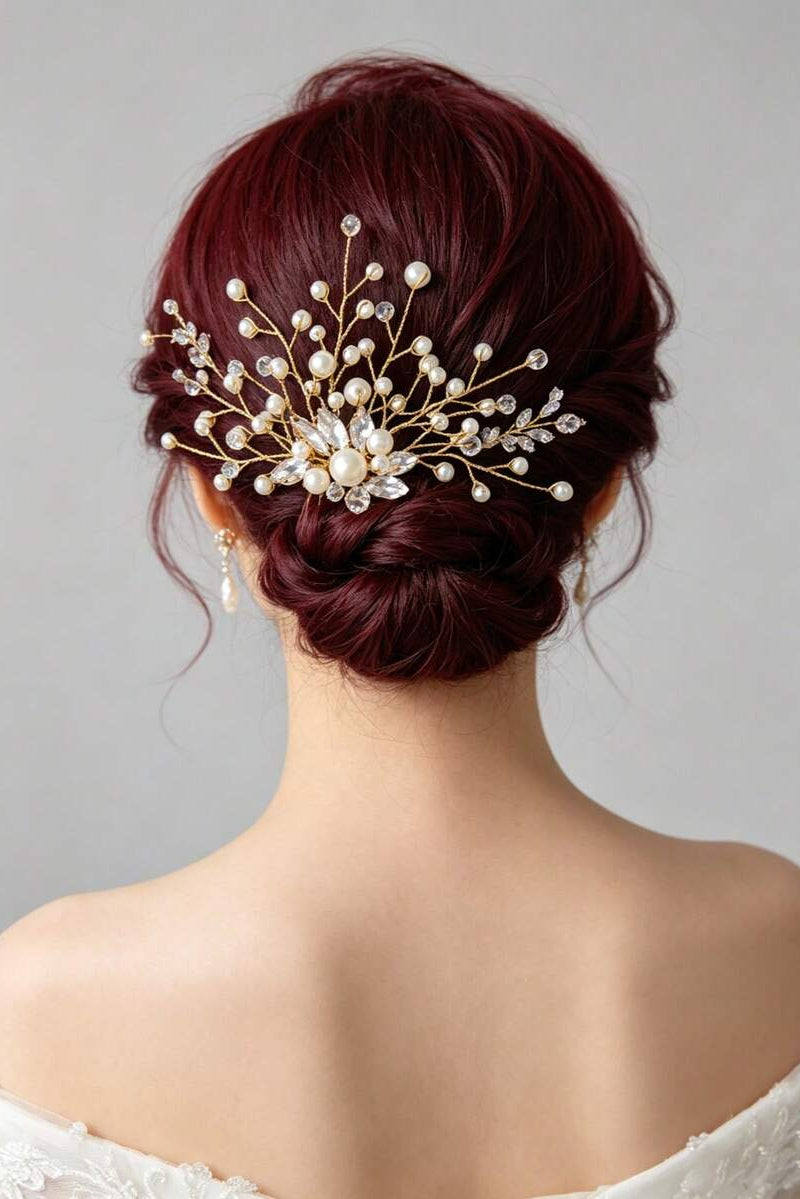 Gold Pearl Crystal Branch Bridal Hair Comb Wedding Side Hair Comb