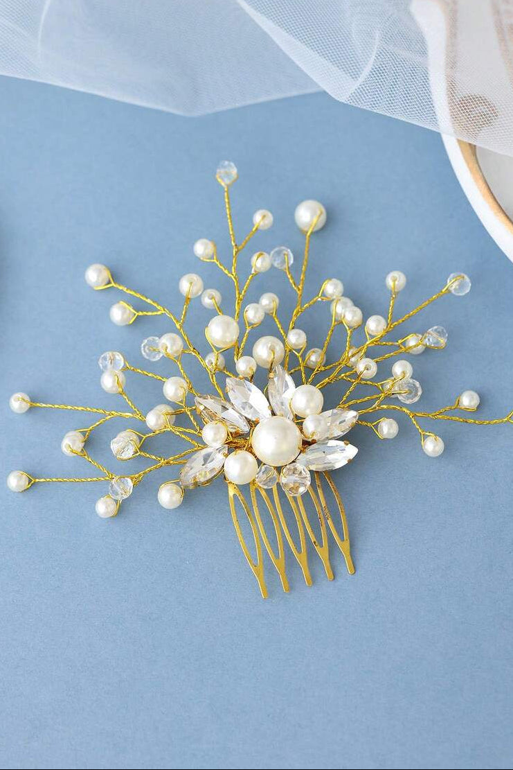 Gold Pearl Crystal Branch Bridal Hair Comb Wedding Side Hair Comb