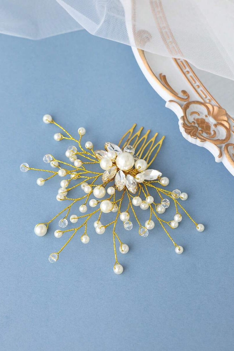 Gold Pearl Crystal Branch Bridal Hair Comb Wedding Side Hair Comb