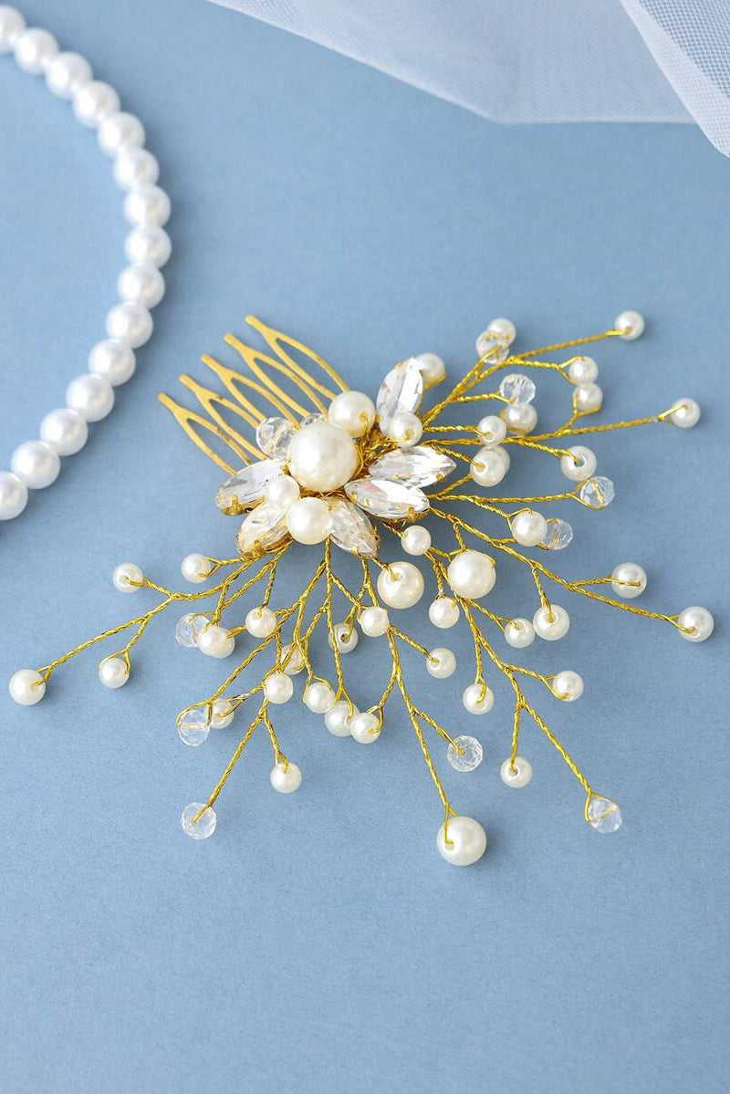 Gold Pearl Crystal Branch Bridal Hair Comb Wedding Side Hair Comb