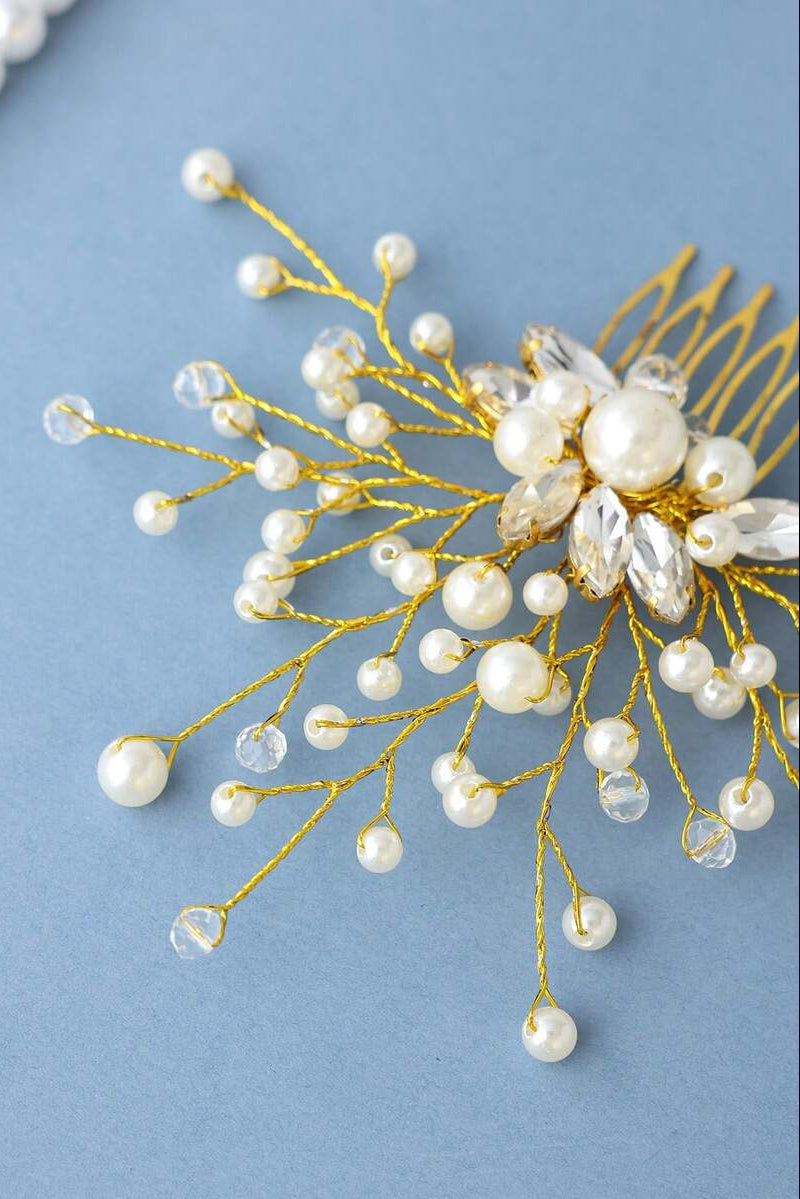 Gold Pearl Crystal Branch Bridal Hair Comb Wedding Side Hair Comb