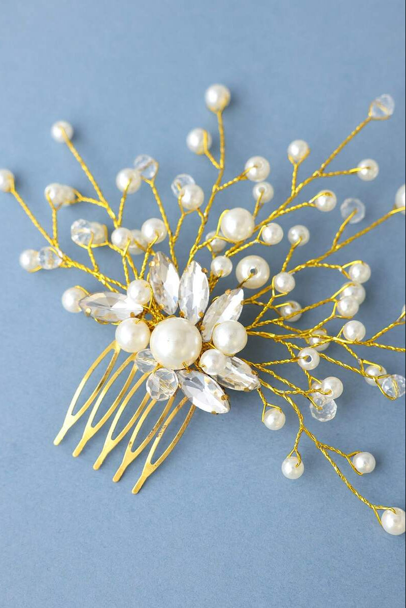 Gold Pearl Crystal Branch Bridal Hair Comb Wedding Side Hair Comb