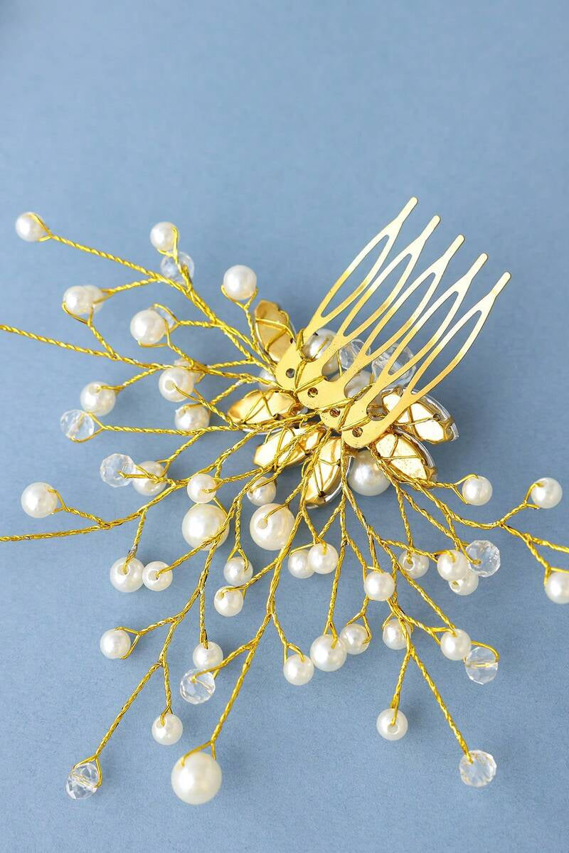 Gold Pearl Crystal Branch Bridal Hair Comb Wedding Side Hair Comb