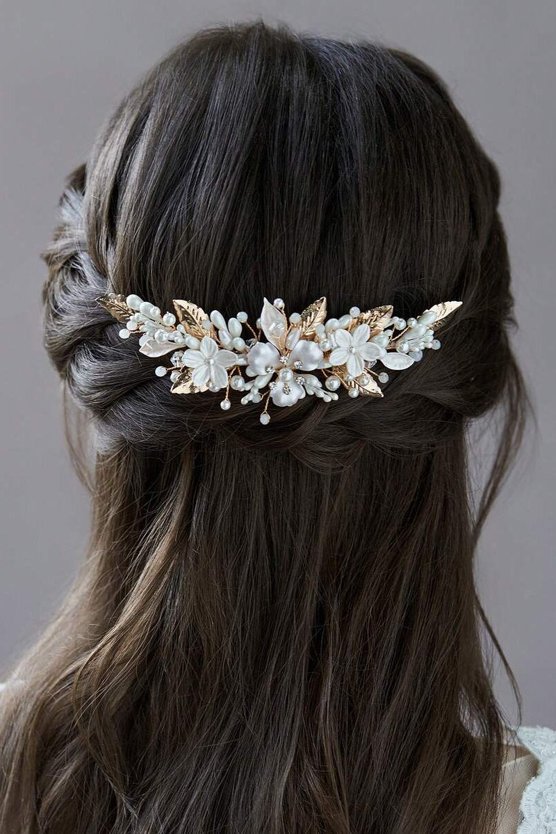 White Flower Pearl Gold Leaf Bridal Hair Comb Wedding Floral Hair Comb