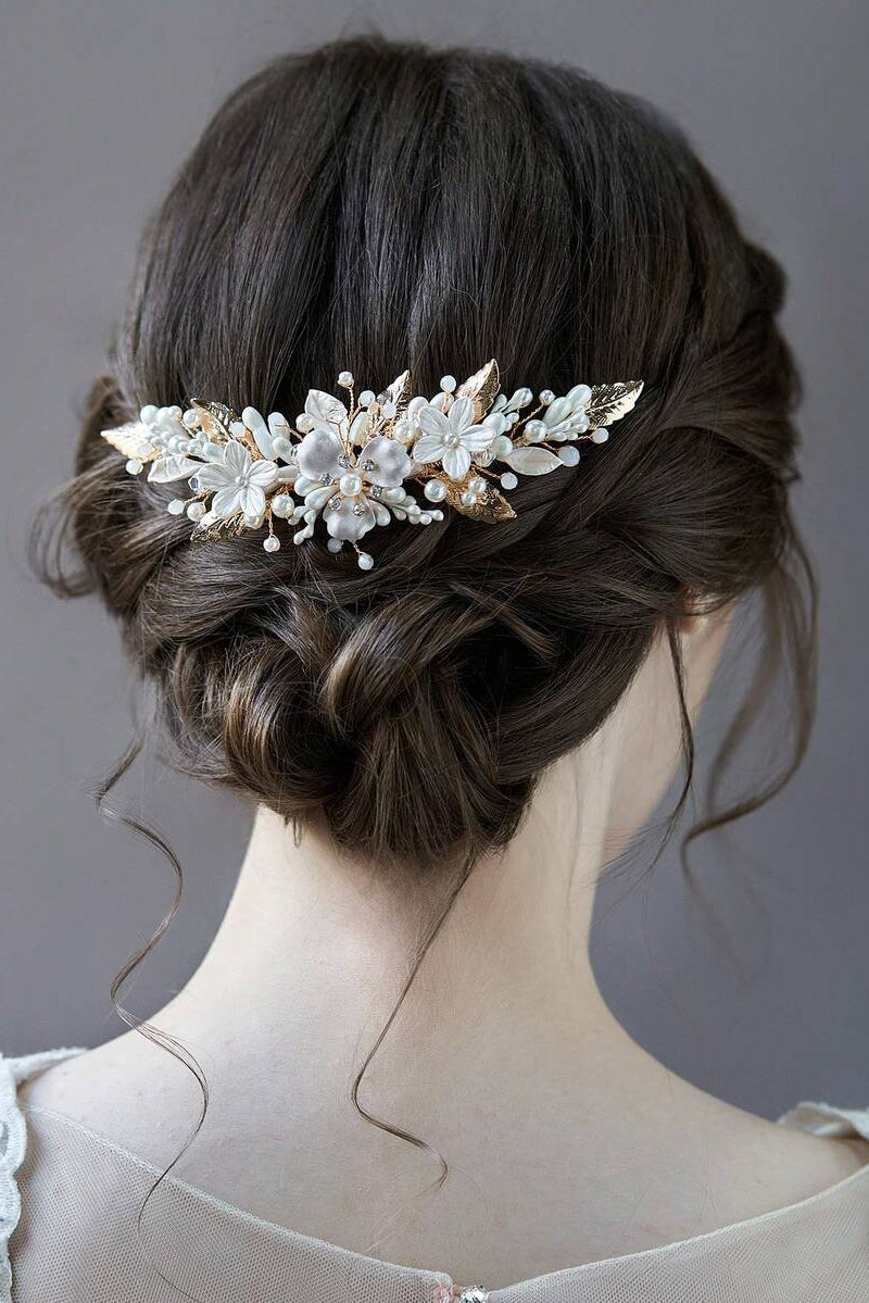 White Flower Pearl Gold Leaf Bridal Hair Comb Wedding Floral Hair Comb