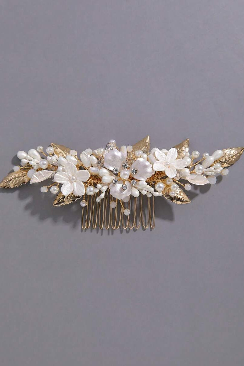 White Flower Pearl Gold Leaf Bridal Hair Comb Wedding Floral Hair Comb