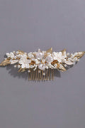 White Flower Pearl Gold Leaf Bridal Hair Comb Wedding Floral Hair Comb