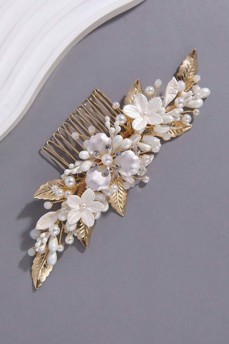 White Flower Pearl Gold Leaf Bridal Hair Comb Wedding Floral Hair Comb