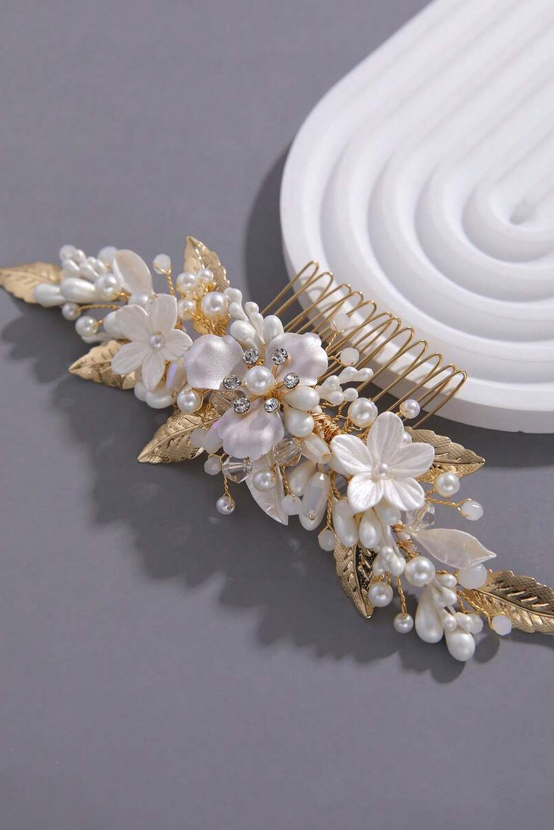 White Flower Pearl Gold Leaf Bridal Hair Comb Wedding Floral Hair Comb