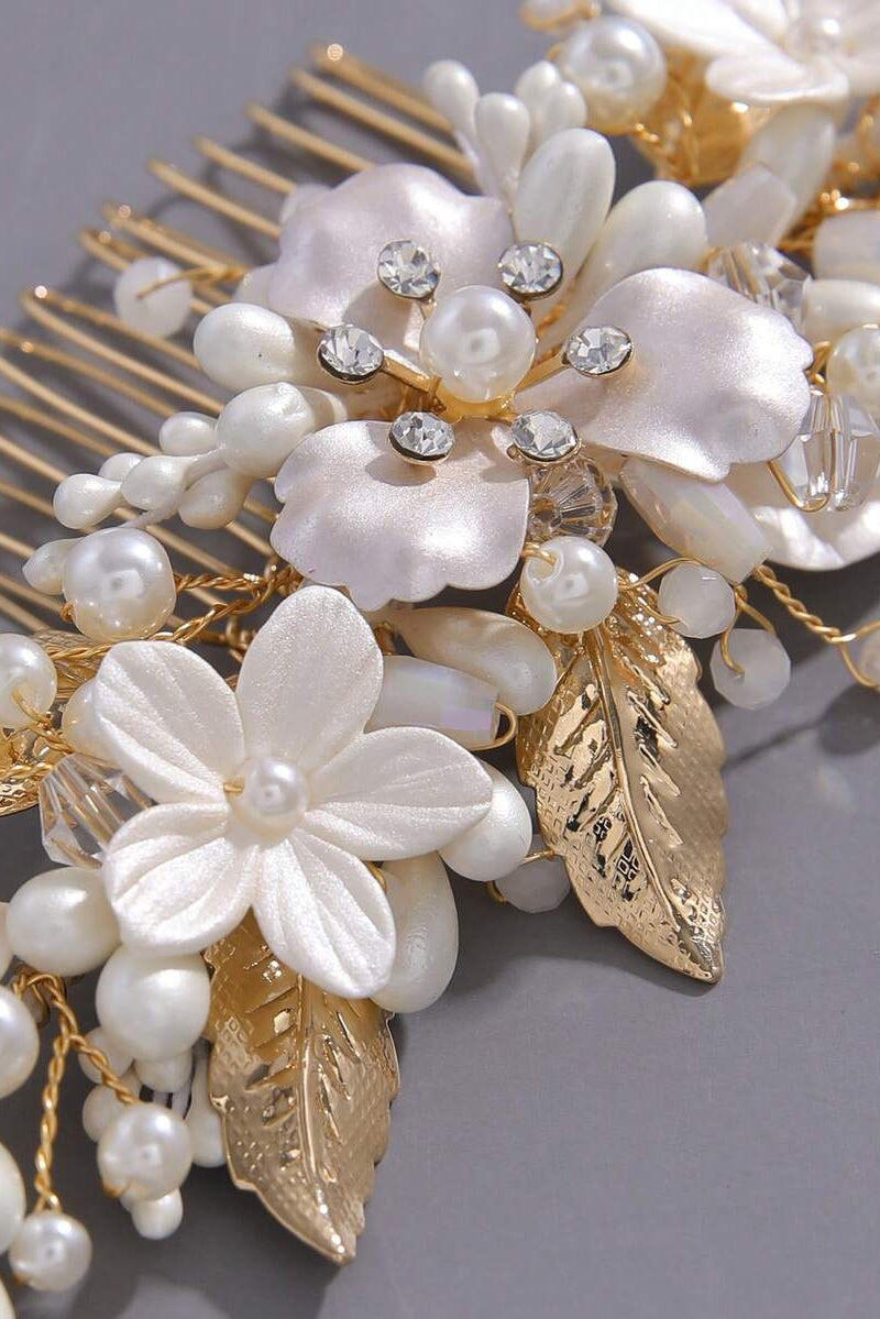 White Flower Pearl Gold Leaf Bridal Hair Comb Wedding Floral Hair Comb