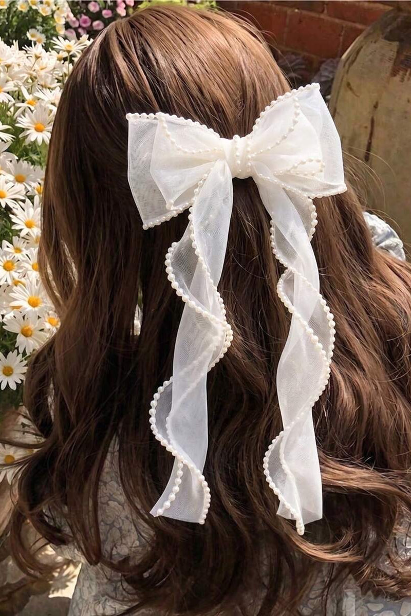 Pearl Trim White Organza Bow Hair Clip Long Streamer Bridal Hair Bow