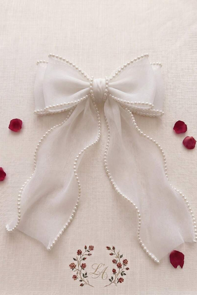 Pearl Trim White Organza Bow Hair Clip Long Streamer Bridal Hair Bow