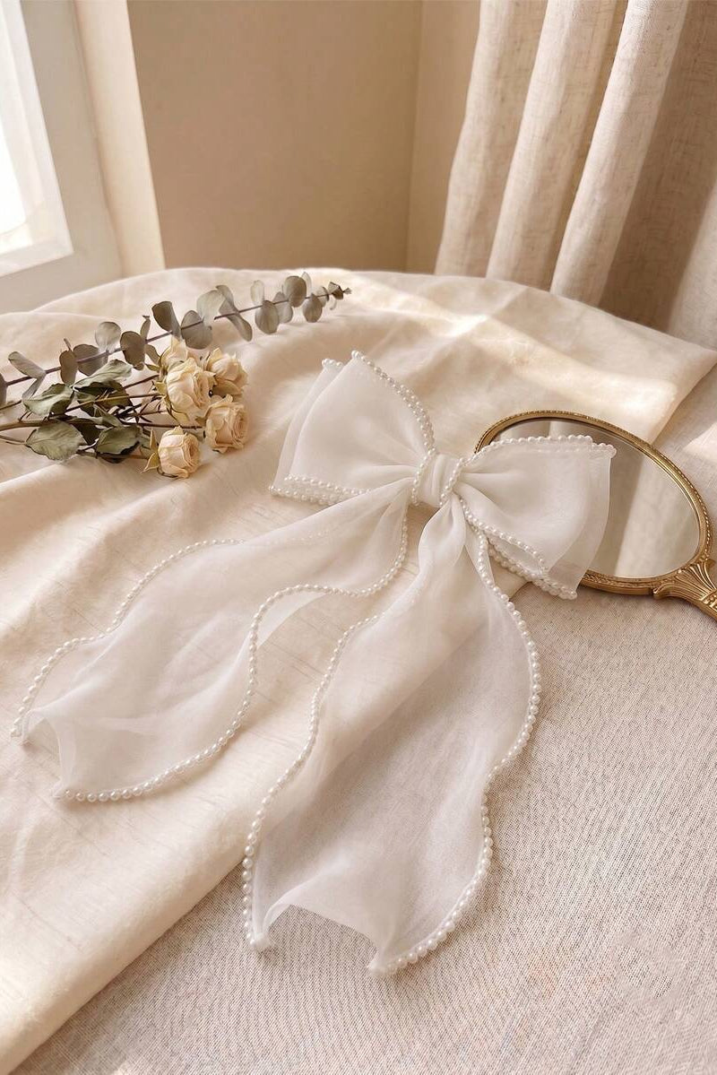 Pearl Trim White Organza Bow Hair Clip Long Streamer Bridal Hair Bow