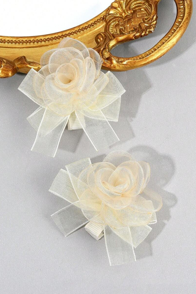 Cream Organza Rose Bow Hair Clip Fabric Flower Bridal Hair Barrette