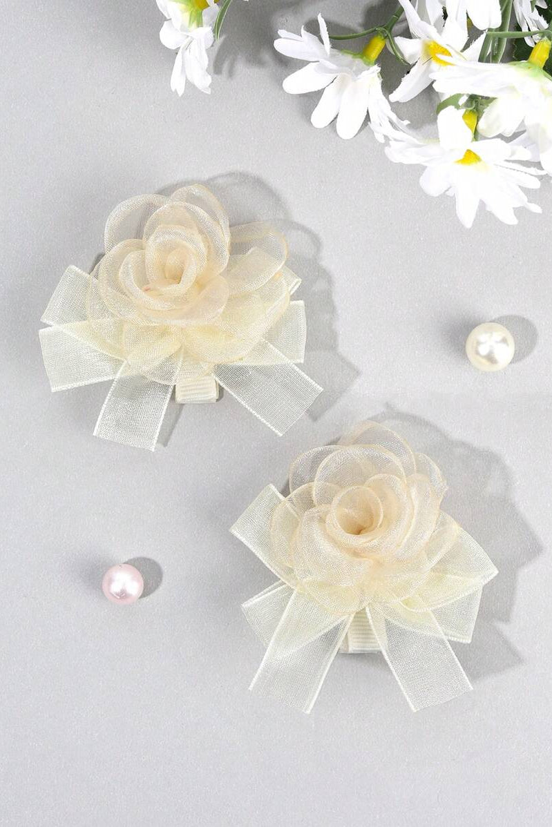 Cream Organza Rose Bow Hair Clip Fabric Flower Bridal Hair Barrette