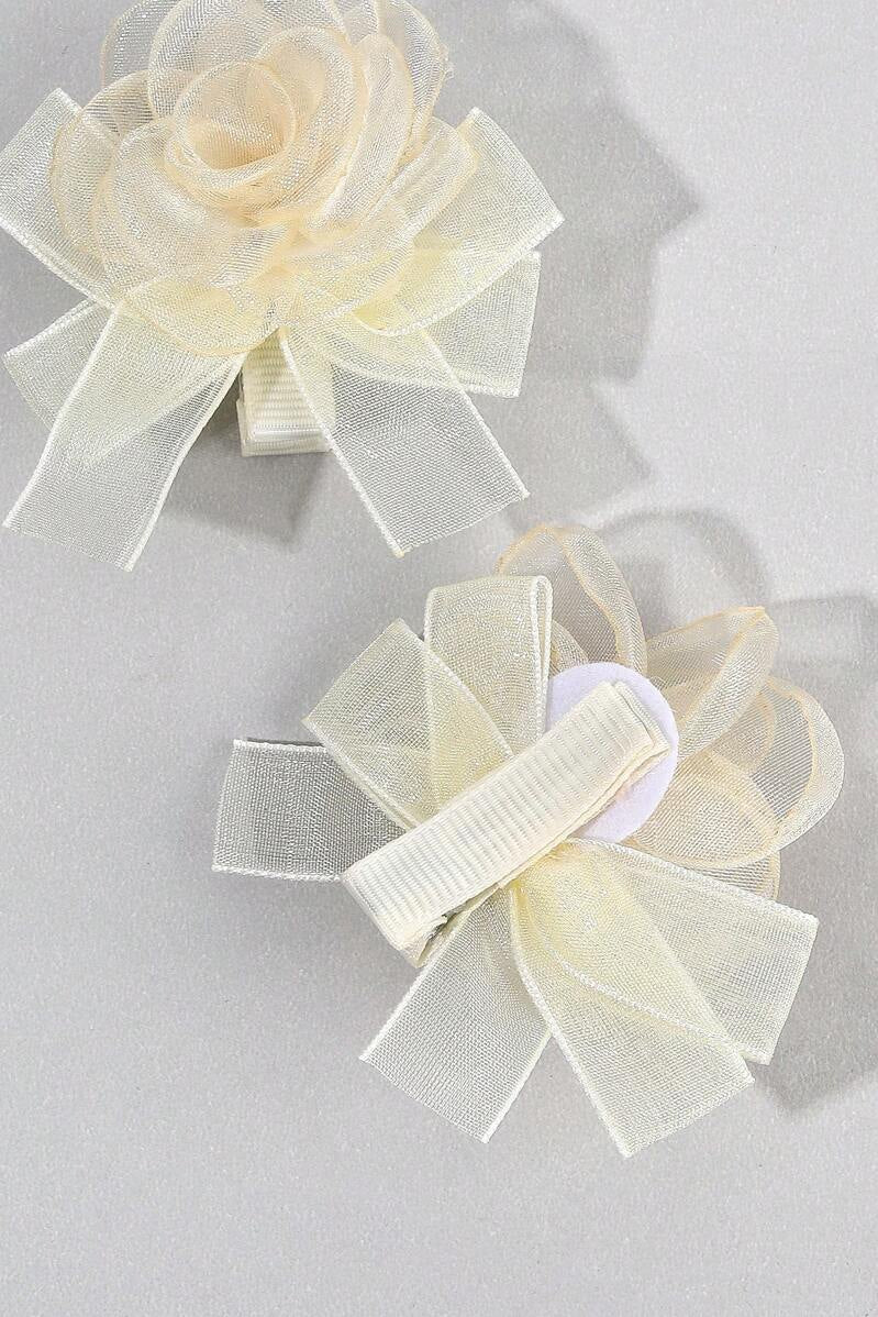 Cream Organza Rose Bow Hair Clip Fabric Flower Bridal Hair Barrette