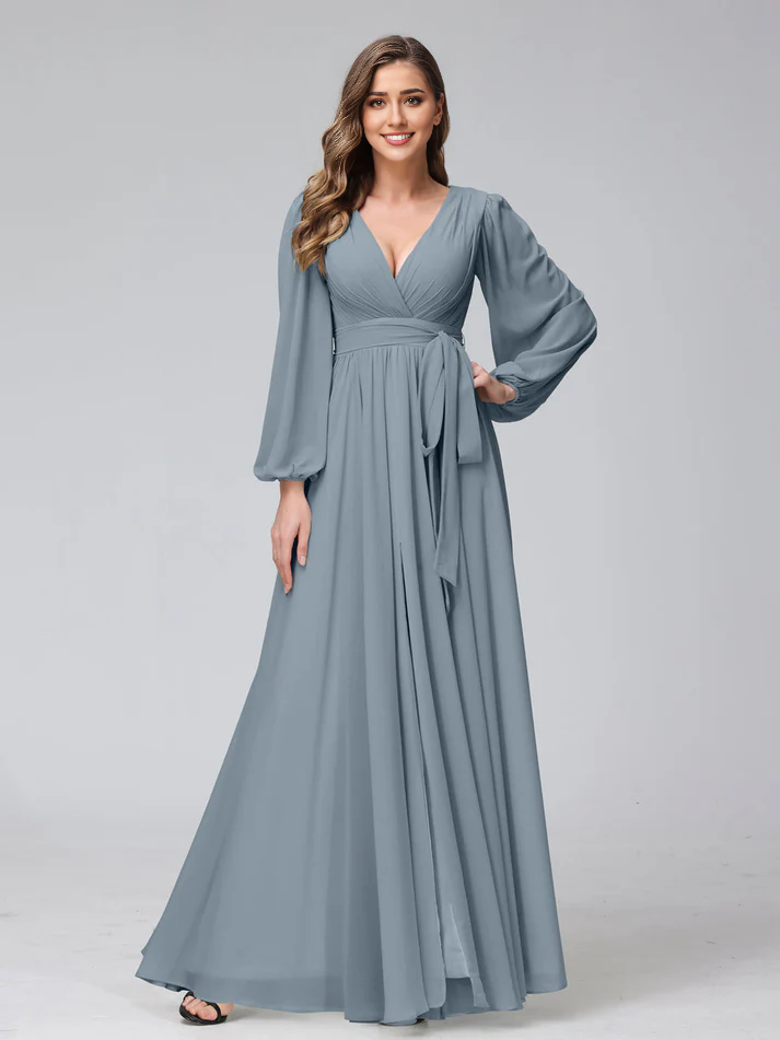 Chiffon Long-Sleeve Deep V-Neck Self-Tie Waist A-Line Floor-Length Soft Mint Bridesmaid Dresses